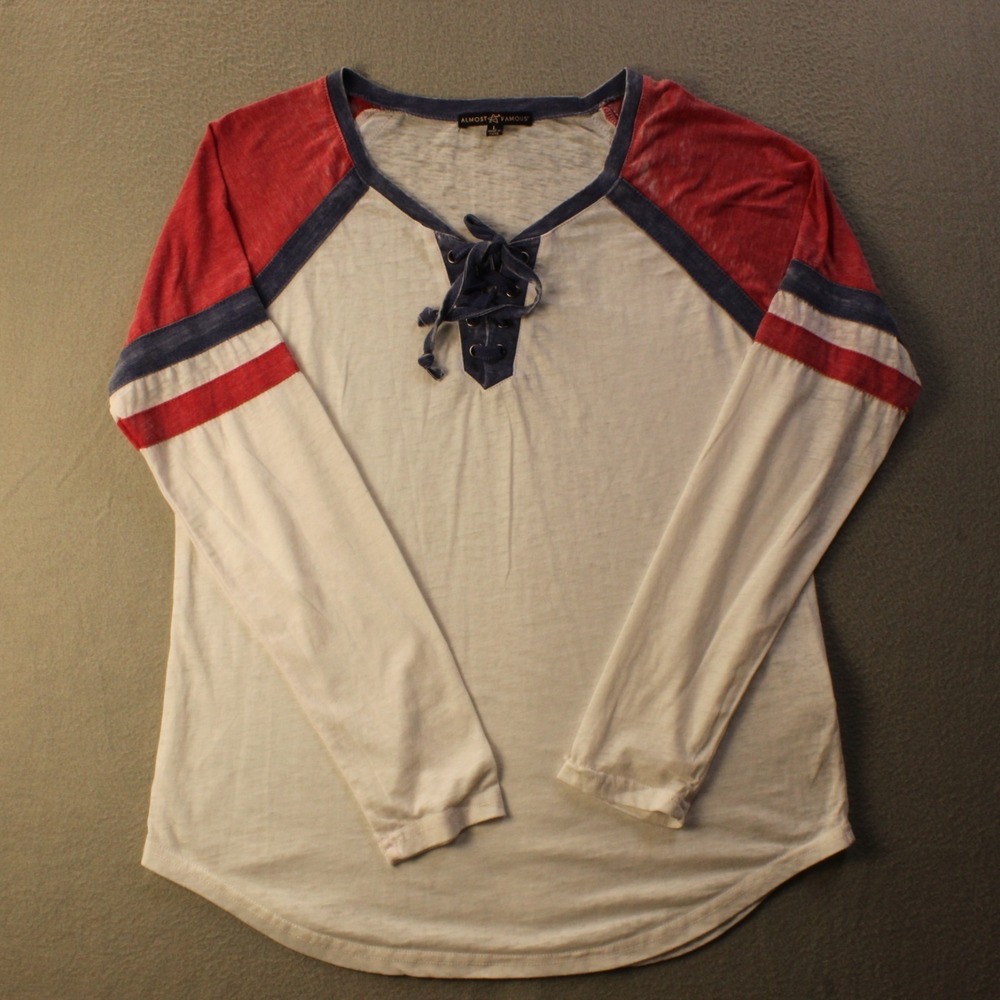 Almost Famous Womens Lace Up Colorblock Top L Raglan Sleeve Casual Boho Trendy